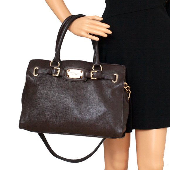 Michael Kors Hamilton Brown Pebbled Leather Satchel Bag Gold Hardware - Picture 1 of 10